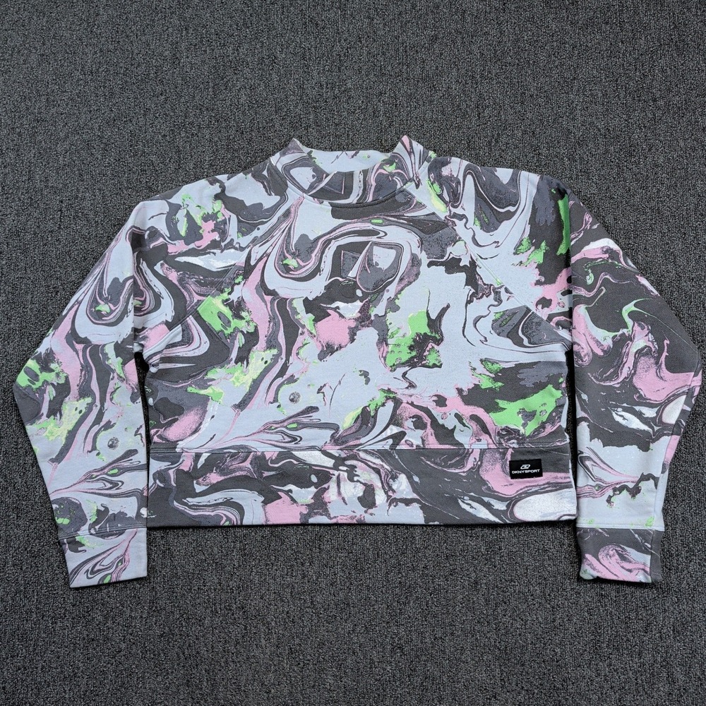 DKNY Sport Y2K Marble Swirl Cropped Sweatshirt L Pink Green Cotton Mock Neck